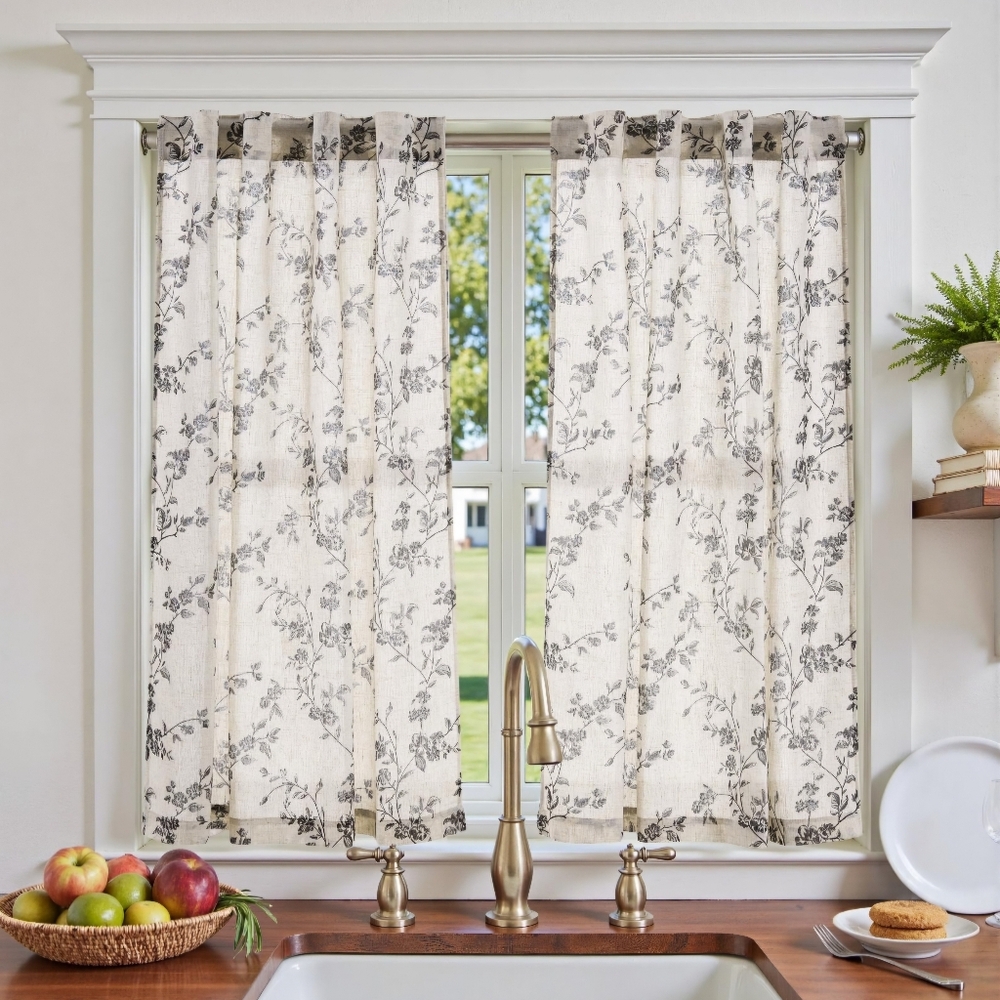 Floral Pattern Cream and Black Pocket Rod Curtains